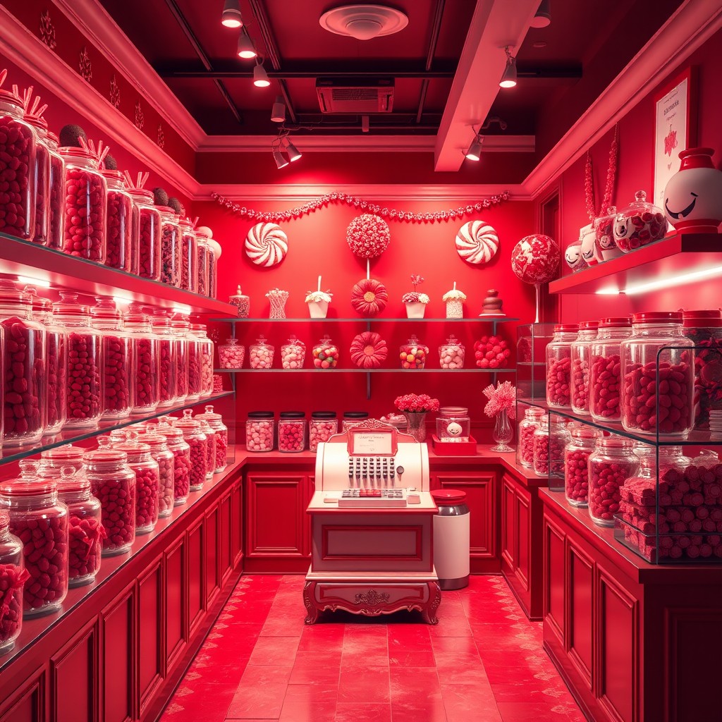 A beautifully designed, realistic interior of a candy shop with a striking red theme, devoid of people