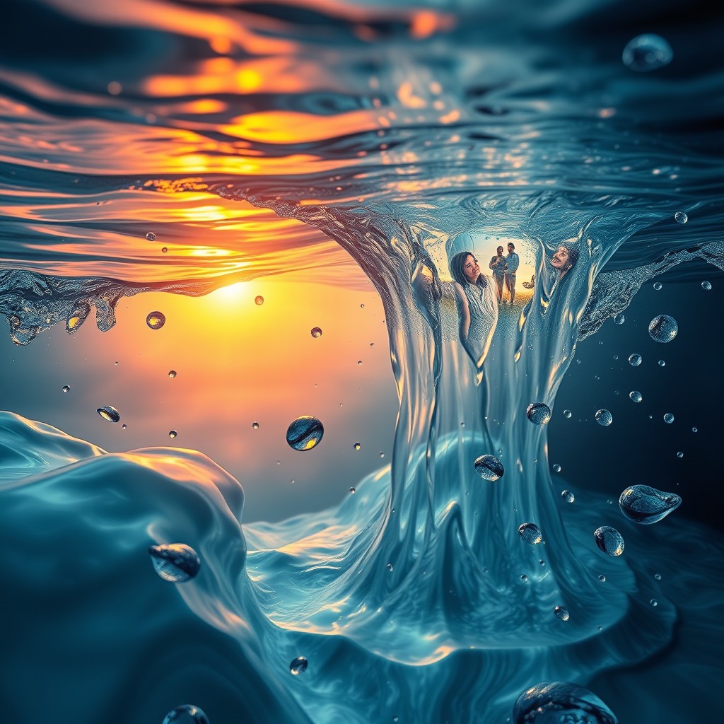 A surreal depiction of water embodying memories, where flowing streams and droplets transform into vivid scenes from various times and places