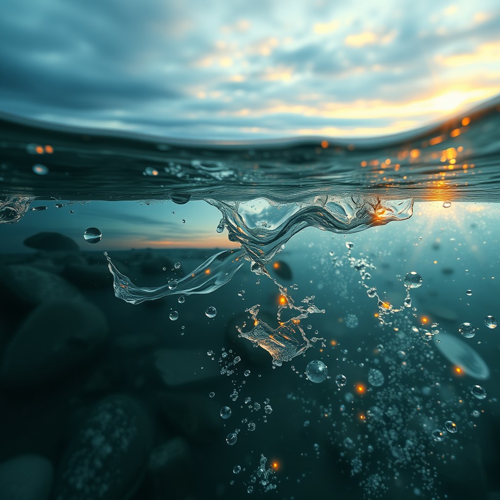 A surreal and artistic interpretation of the concept that 'water has memories', showcasing a flowing river with crystal-clear water that visually narrates different memories