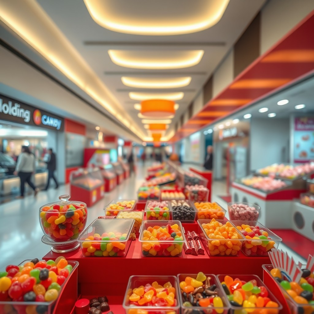 Realistic shopping mall candy kiosk scene from the seller’s perspective behind the counter