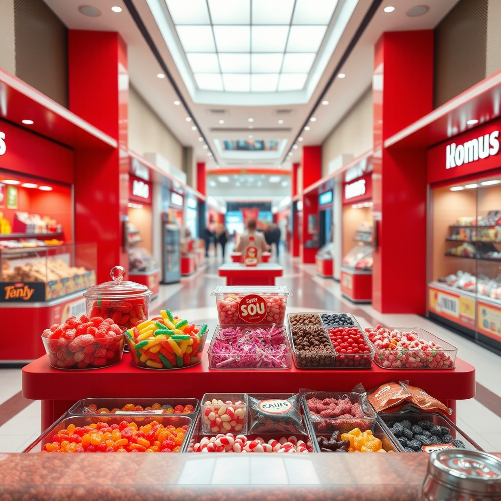Realistic shopping mall candy kiosk scene from the seller’s perspective behind the counter