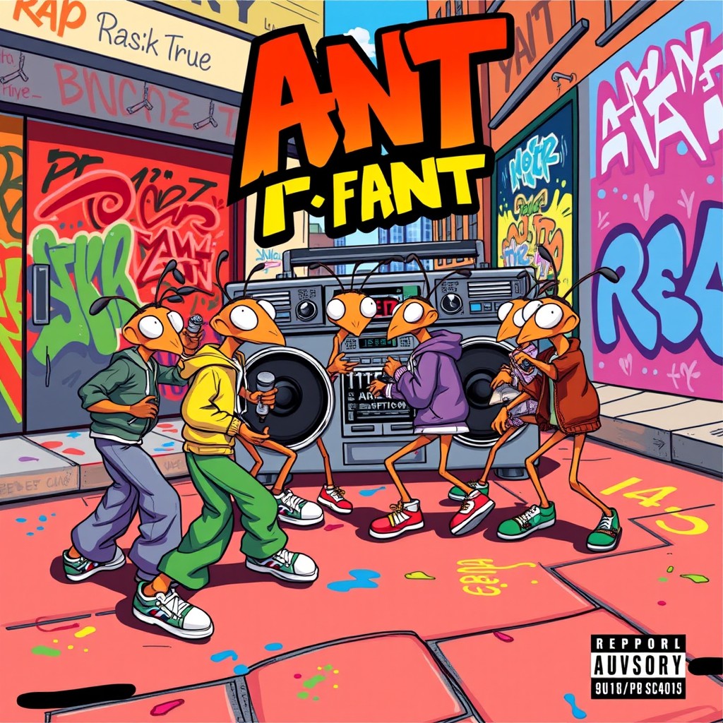 A vibrant album cover for an ant-themed rap album, featuring a group of cartoonish ants dressed in hip-hop attire including baggy pants, sneakers, and oversized jackets