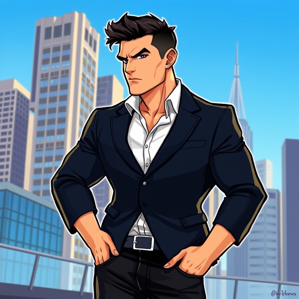 An illustration of a strong, focused man named Anthony Harrison, standing confidently in a modern urban environment