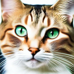 A lively and cute cat with vibrant green eyes and smooth, shiny fur.