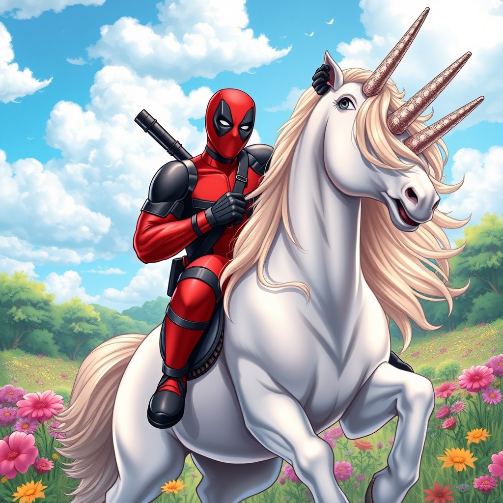 Deadpool, the iconic comic book character known for his red and black suit, humorously riding a majestic unicorn through a vibrant fantasy landscape