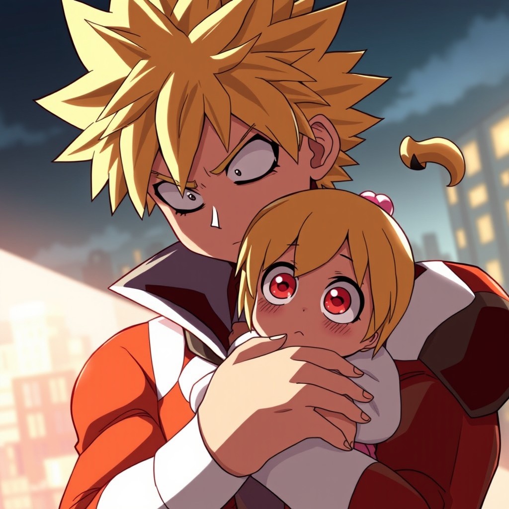 Bakugo, the fiery explosive hero from My Hero Academia, is gently holding Eri, the young girl with the ability to rewind time, in a protective and tender manner