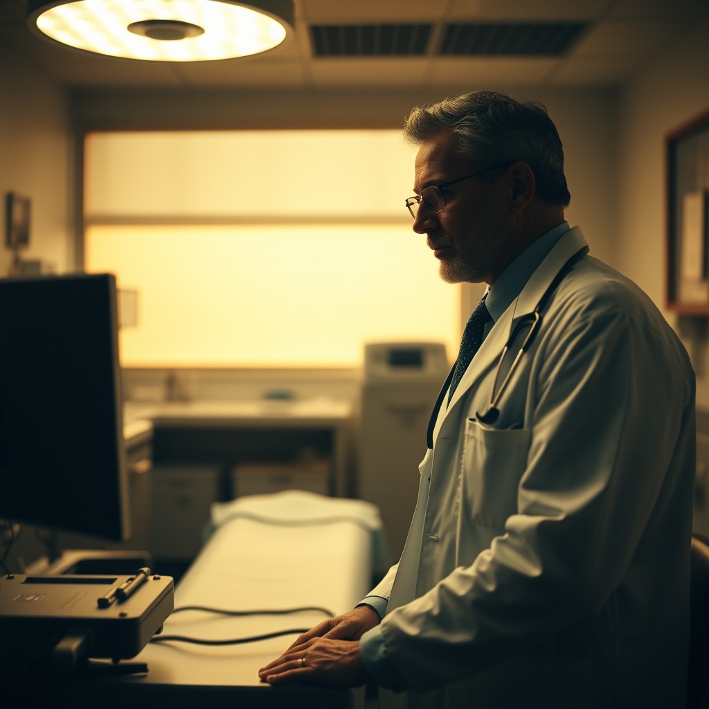 A cinematic final shot featuring a doctor pausing mid-examination in a professional medical setting