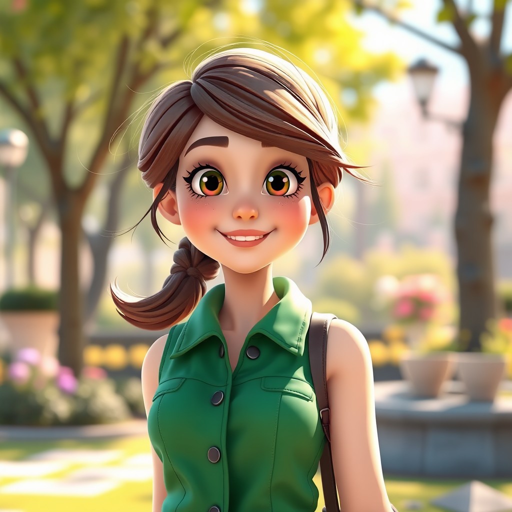 A young woman aged 20-25, wearing a stylish green vest, portrayed in a vibrant, cartoonish 3D style