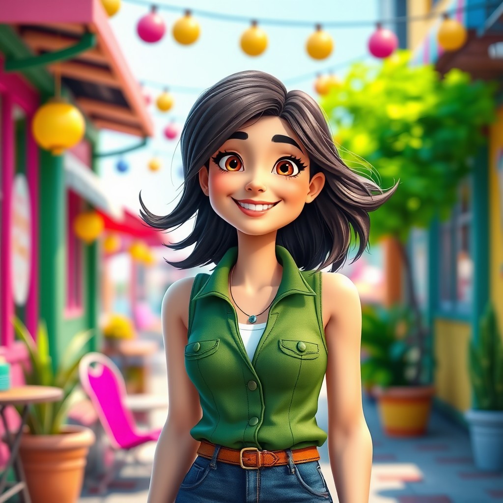 A young woman aged 20-25, dressed in a stylish green vest, depicted in a colorful, cartoonish 3D style