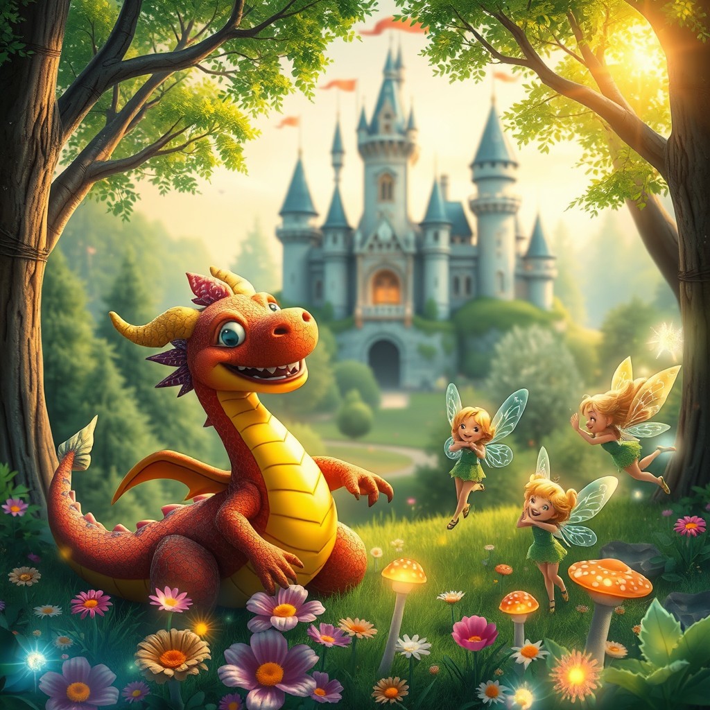 A whimsical scene in an enchanted forest, featuring a majestic castle in the background with turrets and flags flying