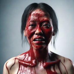 A 3D realistic representation of a disturbing Indonesian woman, her face streaked with blood as if she's suffered a frightful accident.