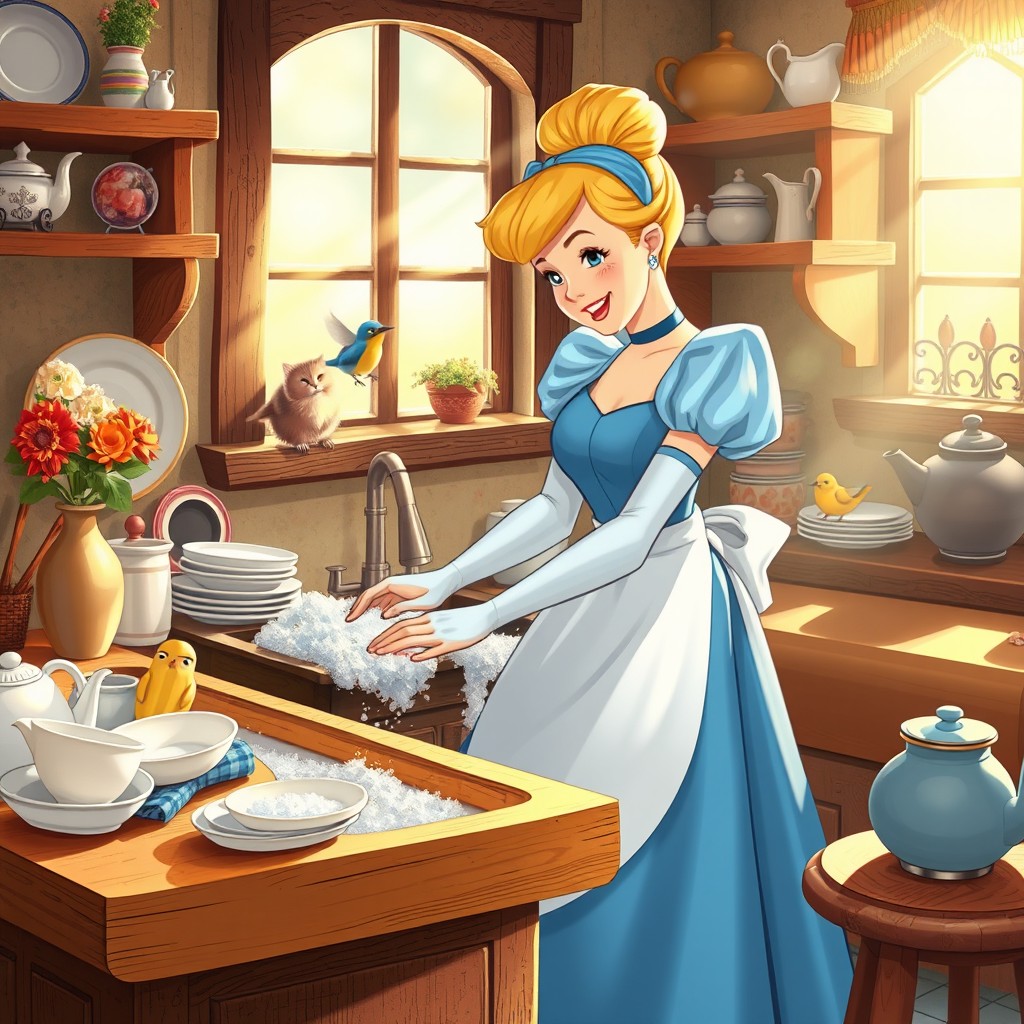A whimsical scene depicting Cinderella washing dishes in a charming, fairy tale kitchen