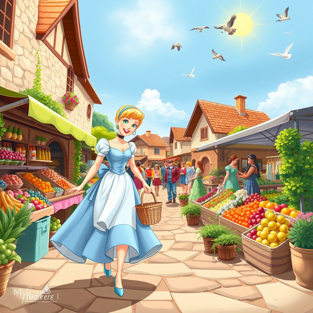 A delightful illustration of Cinderella walking to the market, set in a charming village