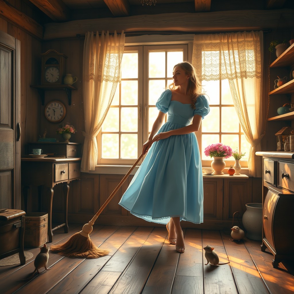 A beautiful young woman in a classic pastel blue dress, reminiscent of fairy tale characters, gracefully sweeping the wooden floor of a cozy, rustic room