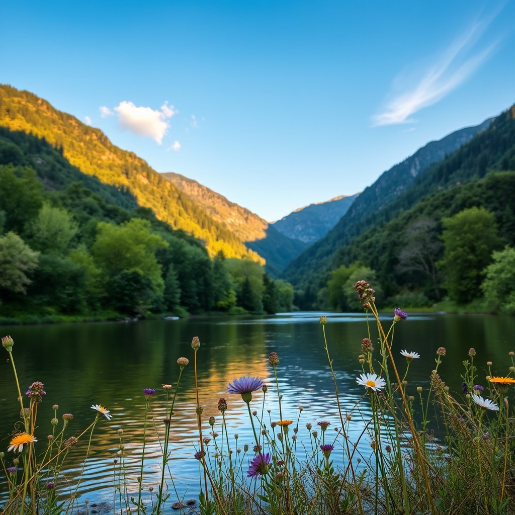 A beautiful, serene landscape featuring a calm river surrounded by lush greenery