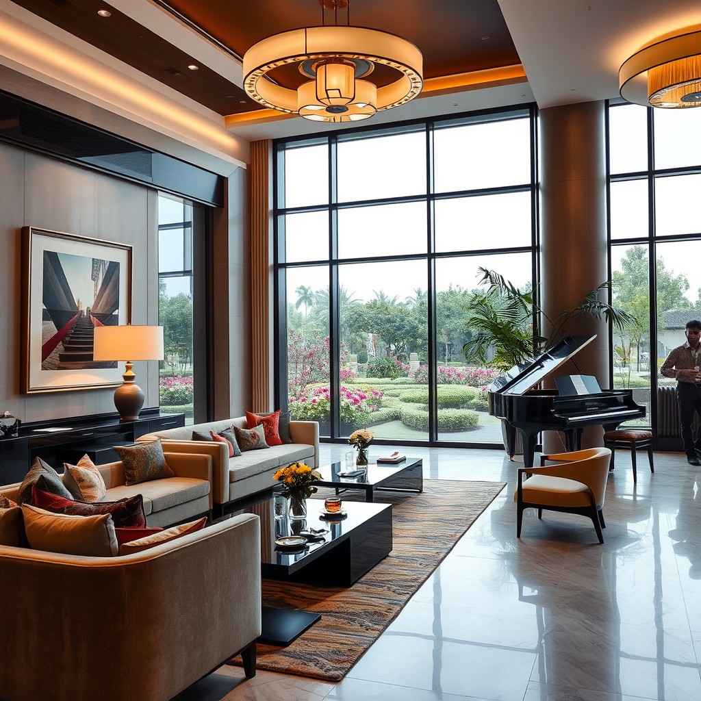 An elegant, modern interior of a luxury hotel lobby featuring stylish furniture, including plush sofas and sleek coffee tables