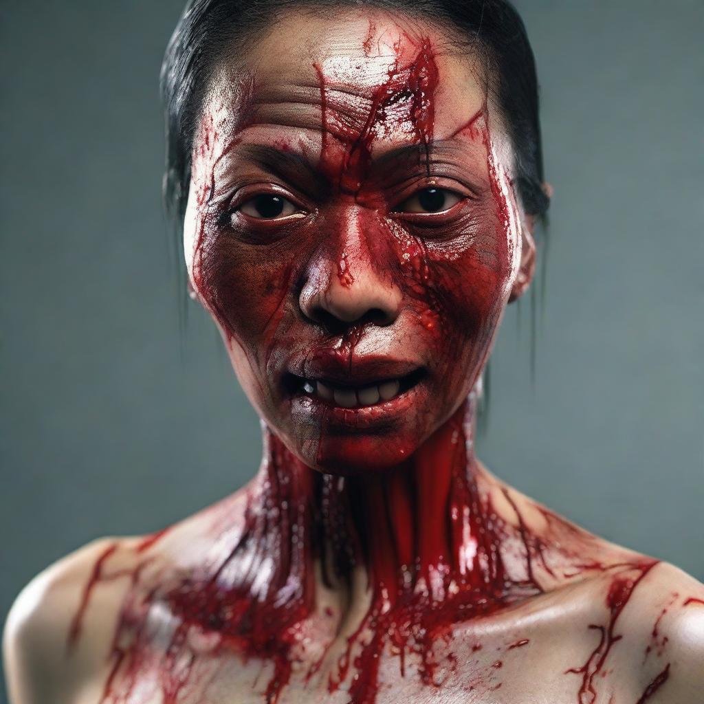 A 3D realistic representation of a disturbing Indonesian woman, her face streaked with blood as if she's suffered a frightful accident.