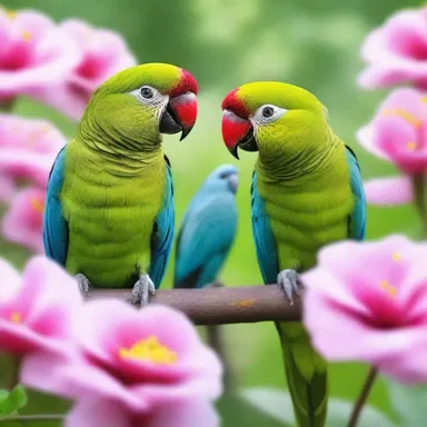 Amidst the blooming flowers, a pair of parrokets named Romeo and Juliet exchanged sweet words of affection, their love song echoing through the garden.