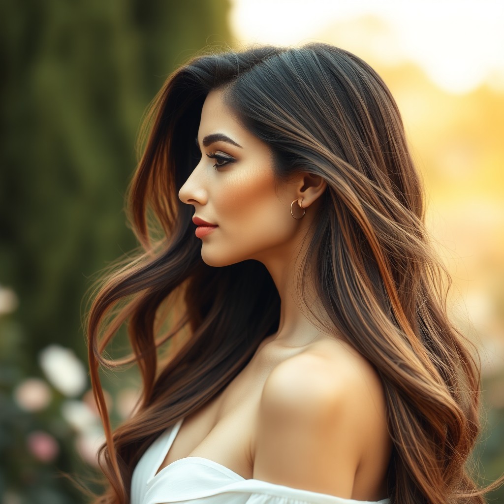 A stunningly elegant profile portrait of a woman with long flowing hair cascading down her shoulders
