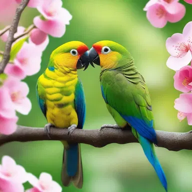 Amidst the blooming flowers, a pair of parrokets named Romeo and Juliet exchanged sweet words of affection, their love song echoing through the garden.