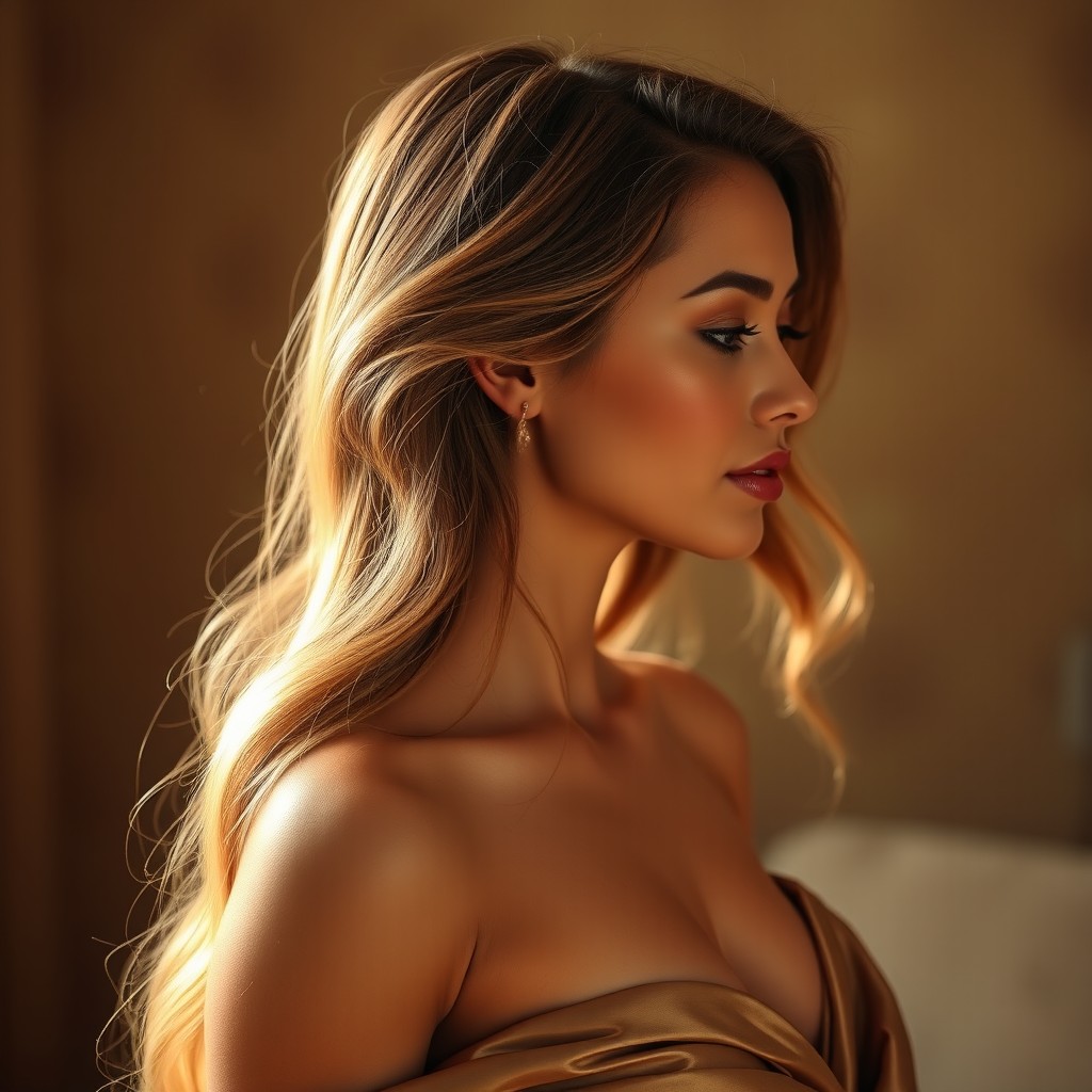 A graceful and elegant profile portrait of a woman with long, flowing hair styled in soft waves