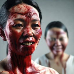 A 3D realistic representation of a disturbing Indonesian woman, her face streaked with blood as if she's suffered a frightful accident.