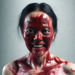 A 3D realistic representation of a disturbing Indonesian woman, her face streaked with blood as if she's suffered a frightful accident.