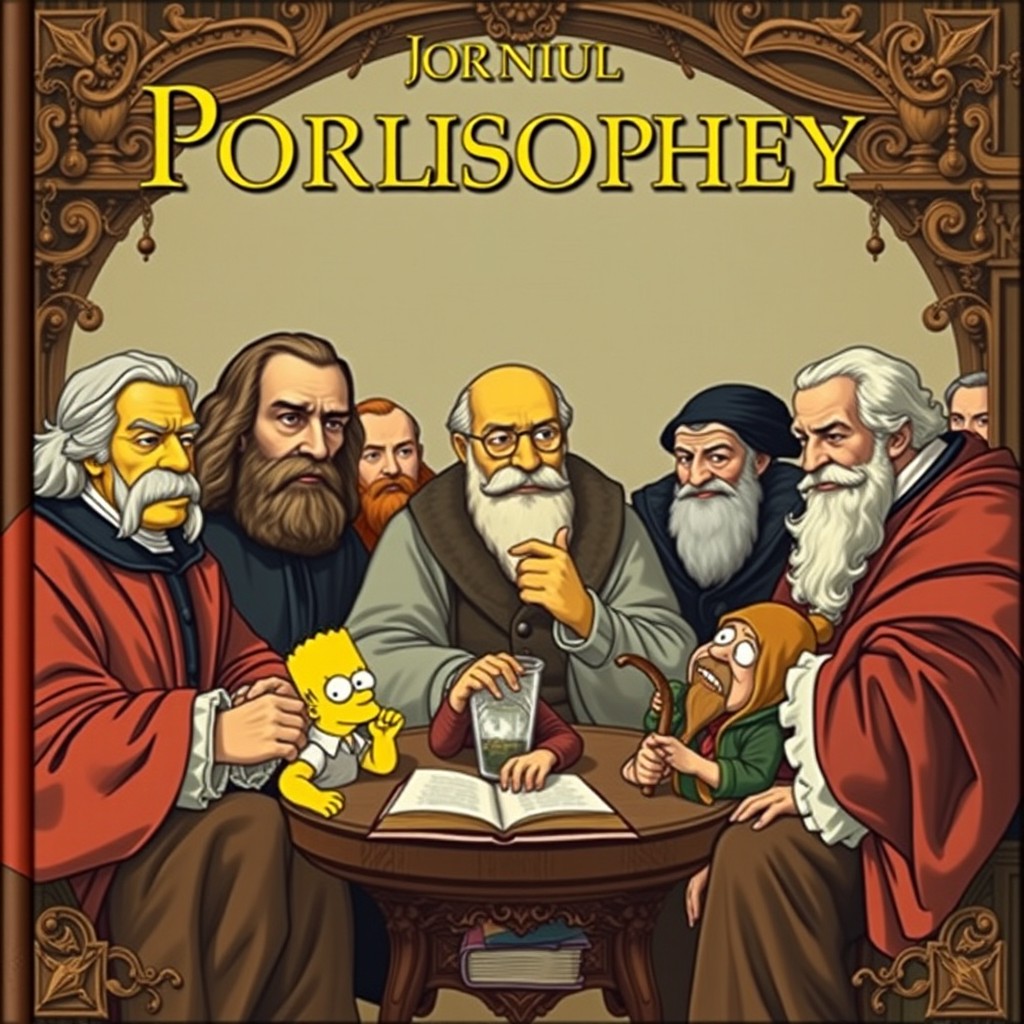 An artistic portfolio cover showcasing a gathering of renowned philosophers with Descartes, Machiavelli, and Thomas Aquinas as the central figures