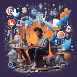 A creative illustration of an individual developing content for social media, surrounded by symbols of various social platforms, creative tools and digital elements.