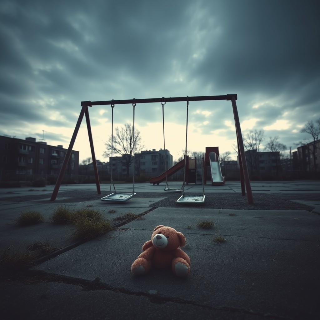 A desolate urban environment at dusk, showcasing an abandoned playground with rusted swings and broken slides