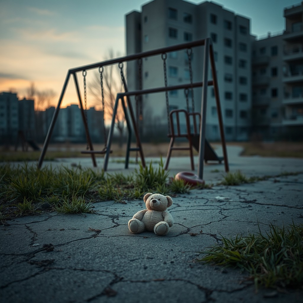 A poignant scene set in an abandoned urban area during twilight, focusing on an empty playground with rusted swing sets and a worn slide