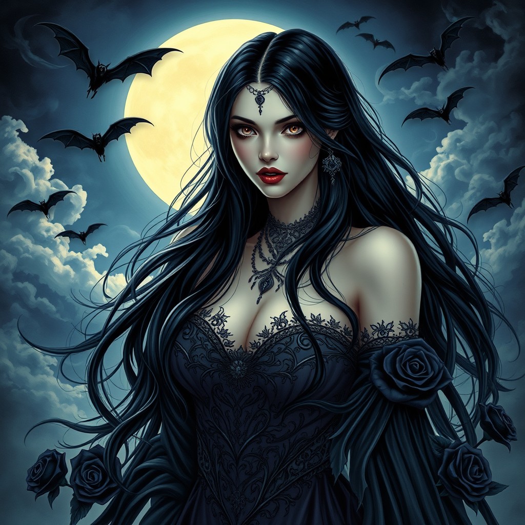 A stunning depiction of Lilith, characterized as a powerful and mysterious figure in a gothic style