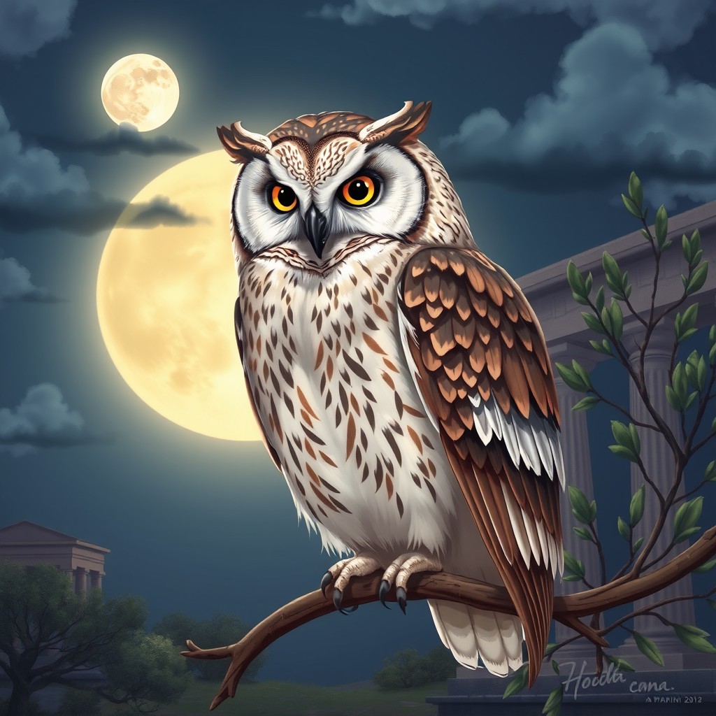 A beautifully detailed illustration of an Athena owl, also known as the Barn Owl, originating from the ancient Greek mythological associations