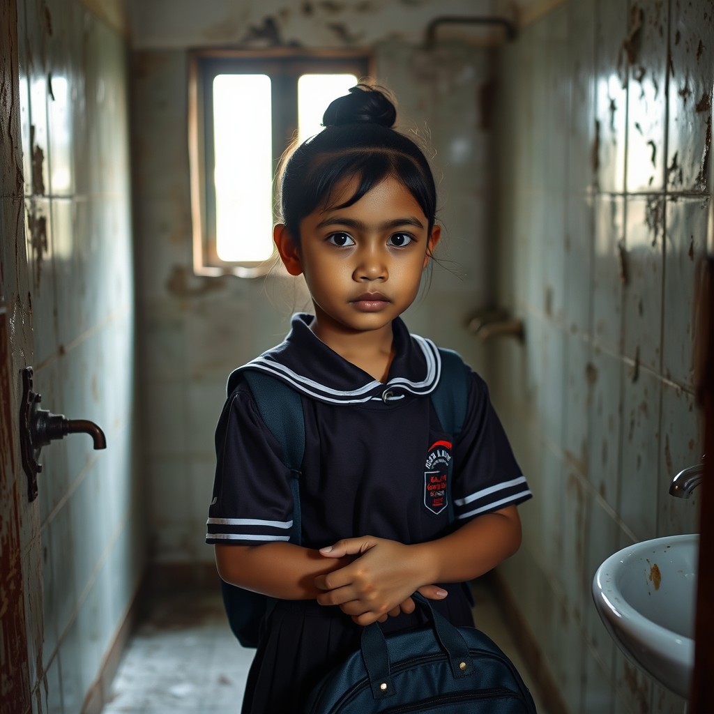 A young Indonesian girl in a school uniform standing in a dilapidated bathroom