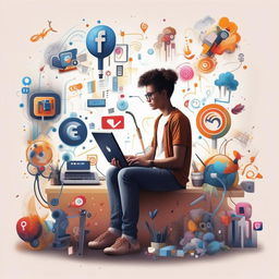 A creative illustration of an individual developing content for social media, surrounded by symbols of various social platforms, creative tools and digital elements.