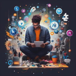 A creative illustration of an individual developing content for social media, surrounded by symbols of various social platforms, creative tools and digital elements.