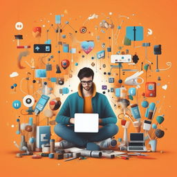 A creative illustration of an individual developing content for social media, surrounded by symbols of various social platforms, creative tools and digital elements.