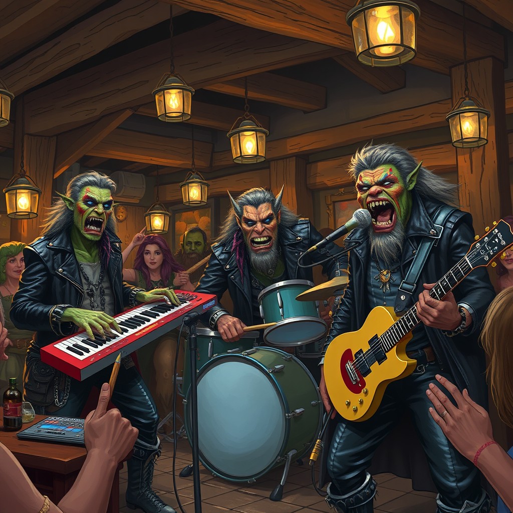 A vibrant tavern scene featuring a band of half-orcs that resemble members of the band Depeche Mode