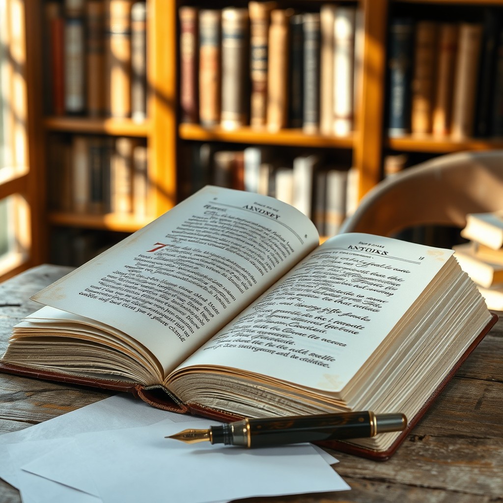 A creative page design featuring an open English book placed on a rustic wooden table
