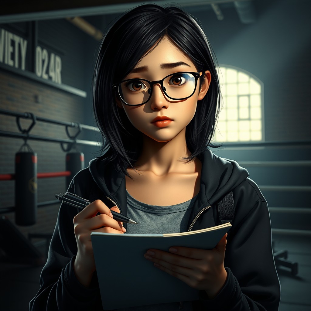 A hyper-realistic image of a 17-year-old female with glasses, holding a pen and notepad, standing inside a dimly lit gym