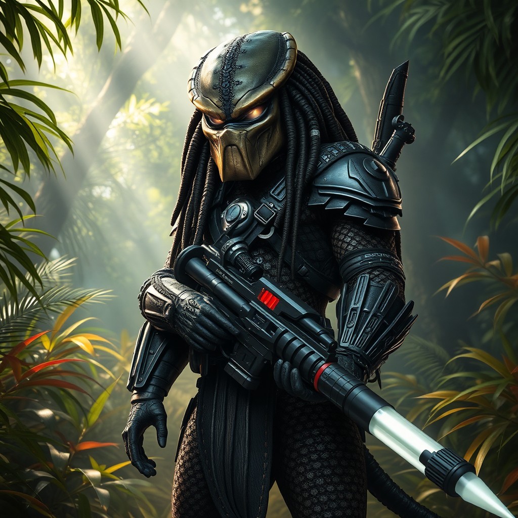 A detailed depiction of a Yautja, a fictional alien species from the Predator franchise, showcasing their iconic features, including their advanced bio-mechanical armor, unique tribal markings, and long, braided hair