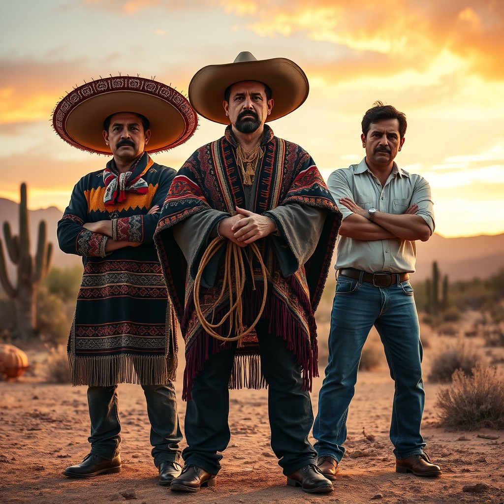 A tense standoff scene featuring three Mexican men, each character is dressed in traditional attire, showcasing vibrant colors and intricate patterns