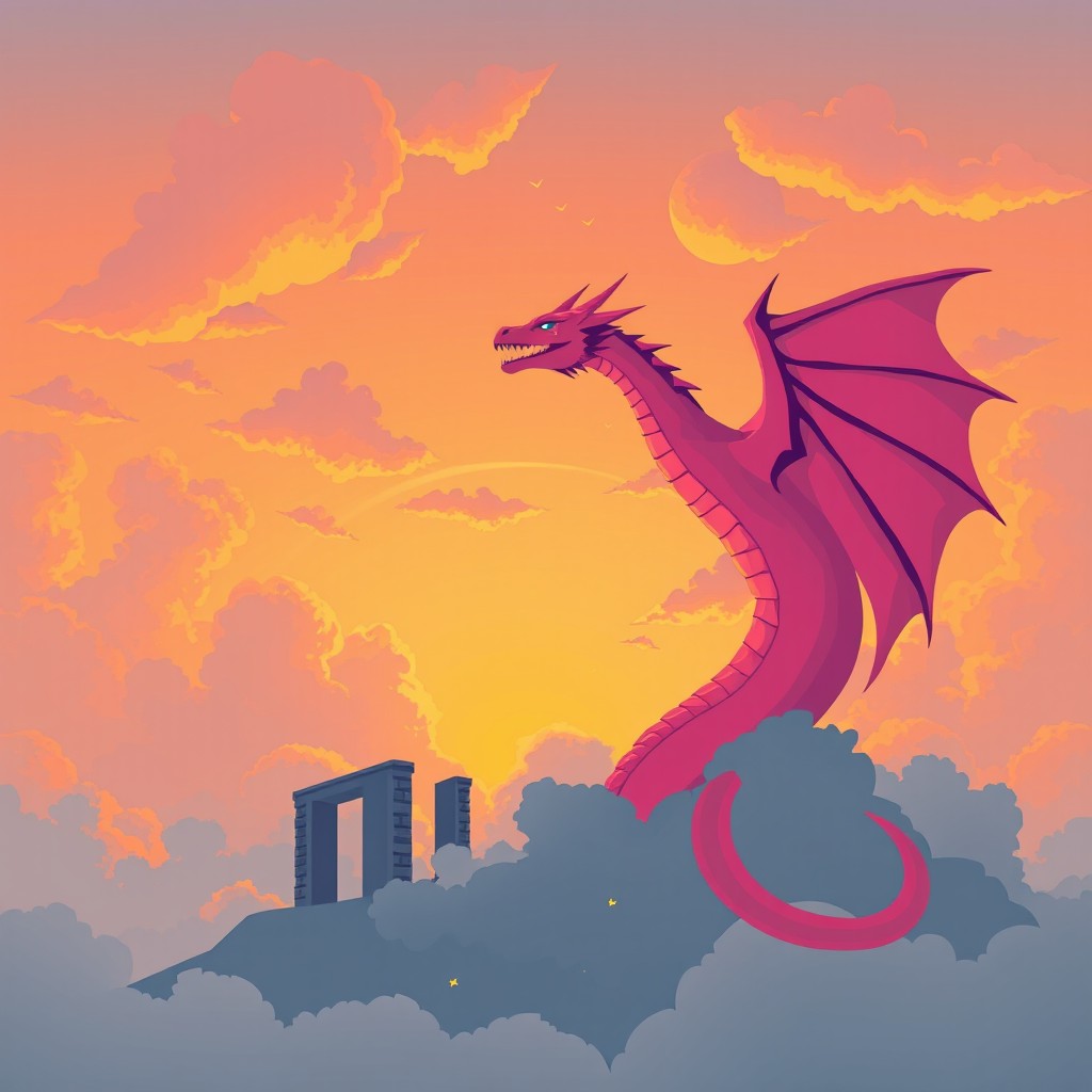 A book cover featuring a large, pink dragon soaring through the sky at sunset, with ruins partially hidden behind fluffy clouds