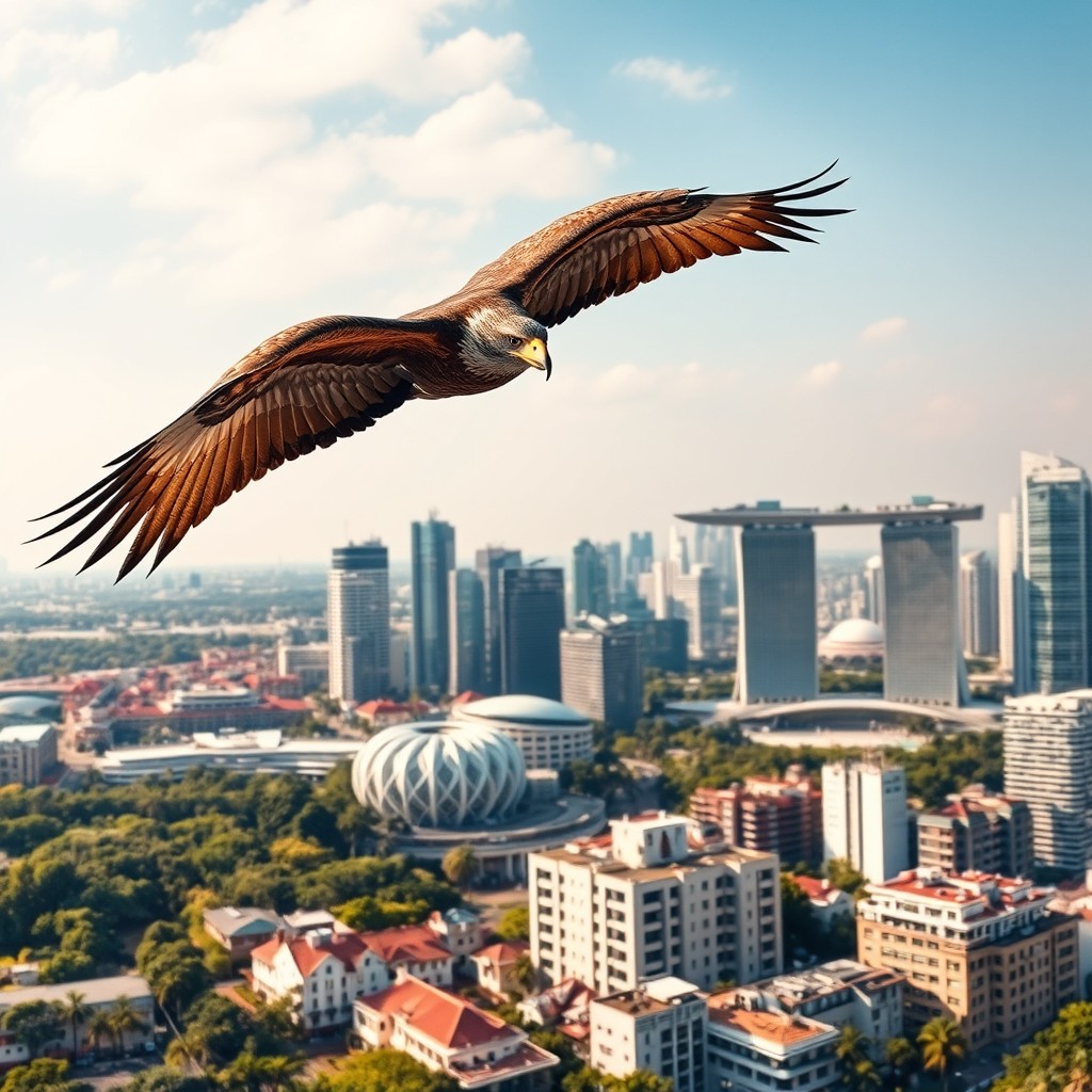 An Eastern Imperial Eagle soaring majestically above the vibrant skyline of Singapore, featuring iconic landmarks like Marina Bay Sands and lush greenery