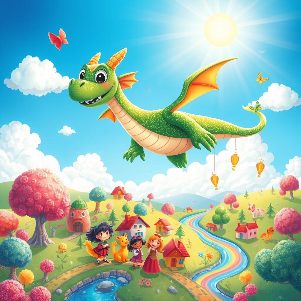 A whimsical, enchanting illustration for a children's story, featuring a friendly dragon flying over a colorful, magical landscape filled with candy trees, rainbow rivers, and smiling animals