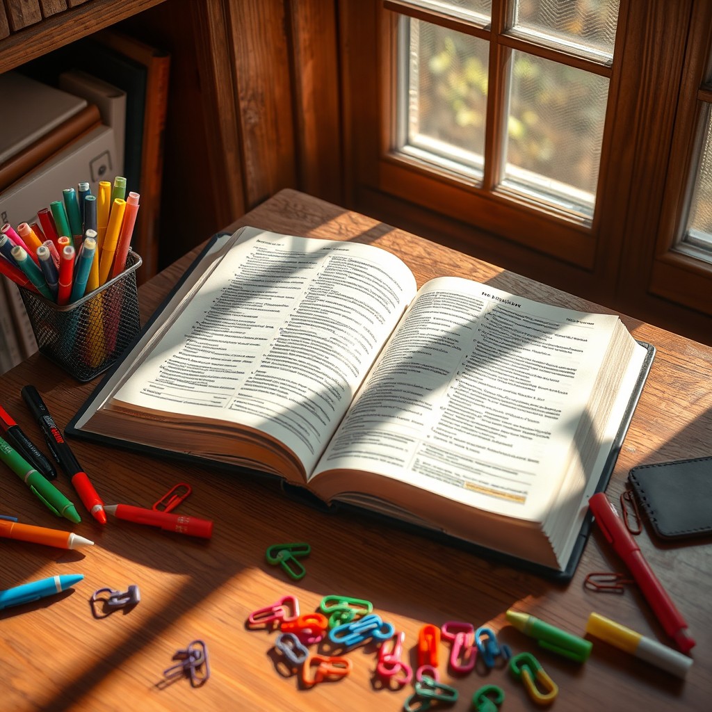 An open dictionary on a wooden table surrounded by various colorful stationery items, such as pens, highlighters, and paper clips, in a cozy reading nook with a warm, inviting atmosphere