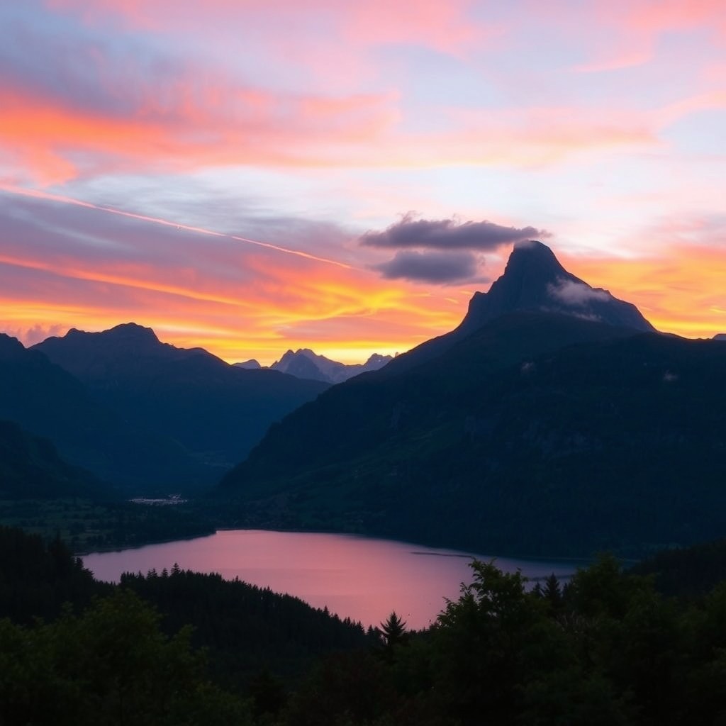 A picturesque sunset over majestic mountains, showcasing a vibrant sky filled with hues of orange, pink, and purple, casting a warm glow on the peaks