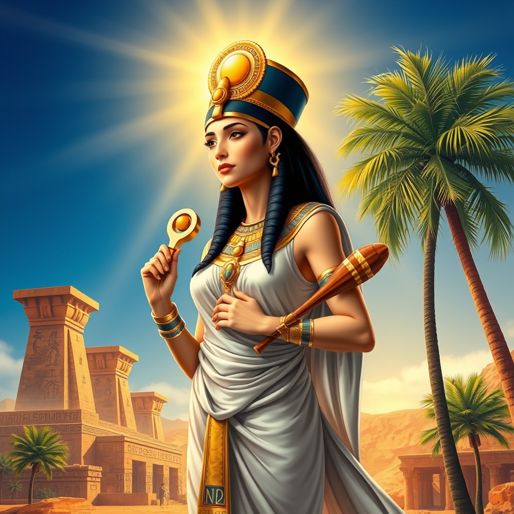 A majestic depiction of Isis, the ancient Egyptian goddess, portrayed in a vibrant, richly detailed scene