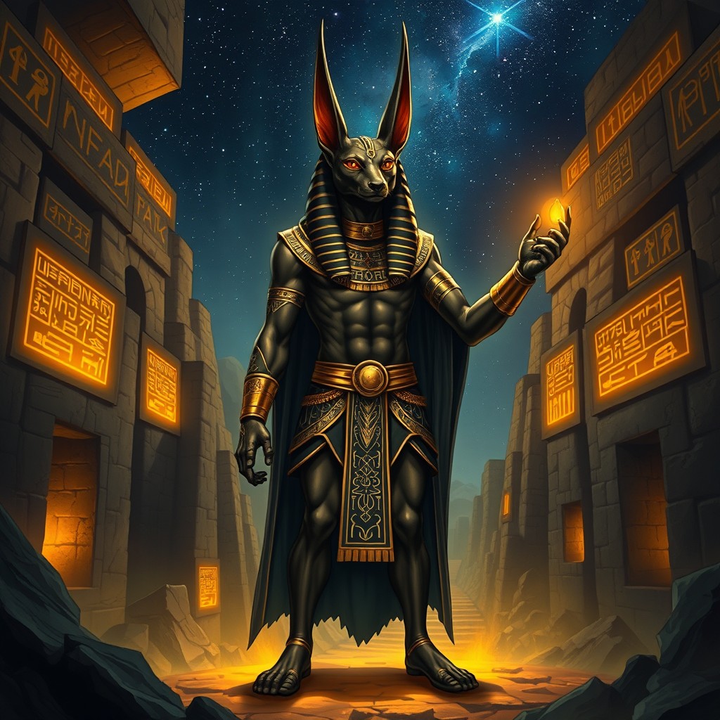 An imposing and awe-inspiring illustration of Anubis, the ancient Egyptian god of the dead, standing confidently in the Duat, the Egyptian underworld