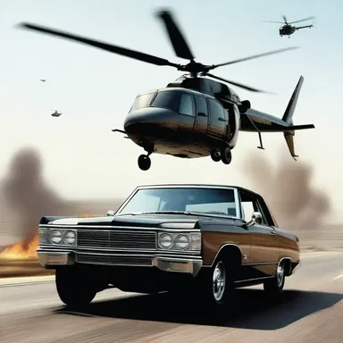 In the action movie, the villain's helicopter bears down on the hero's car, creating a suspenseful chase scene.